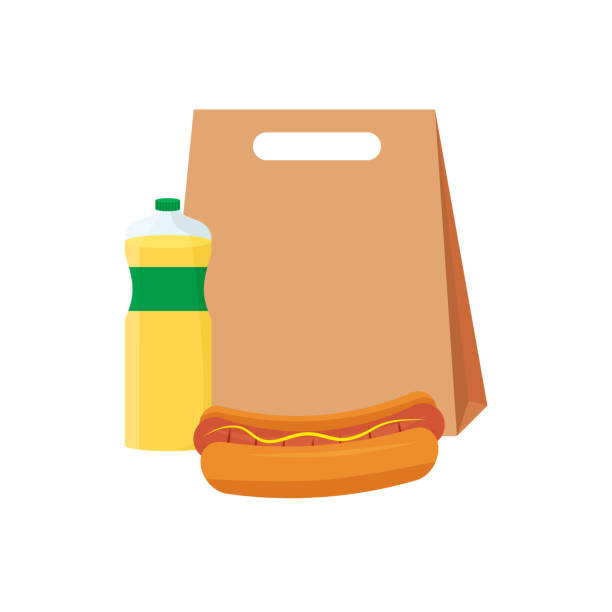 給食の食べ物の食�べ物とスナック。フラットスタイルのベクトルイラスト - packed lunch paper bag apple lunch点のイラスト素材／クリップアート素材／マンガ素材／アイコン素材