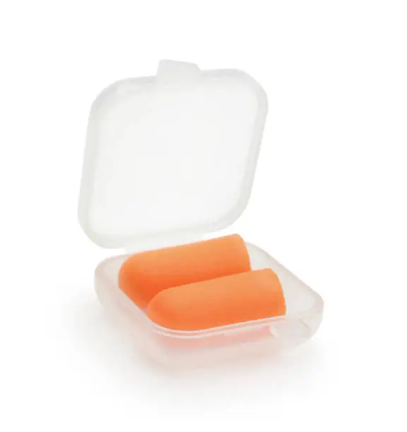 A pair of orange earplugs in a plastic box isolated on white.