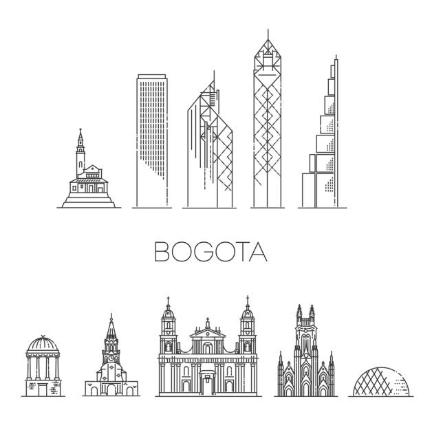 bogota architecture line skyline illustration. linear vector cityscape with famous landmarks - 哥倫比亞 國家 幅插畫檔、美工圖案、卡通及圖標