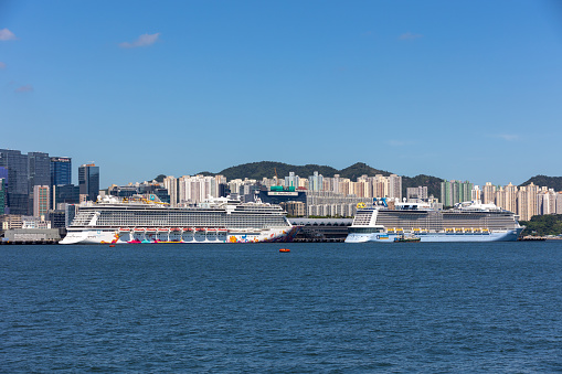 Hong Kong - August 22, 2021 : Kai Tak Cruise Terminal in Hong Kong. It is a cruise ship terminal on the former Kai Tak Airport runway in Hong Kong.