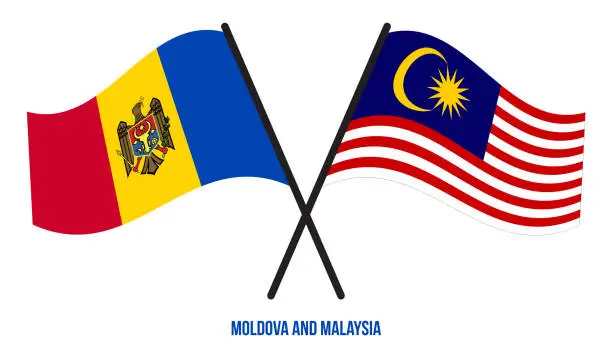 Vector illustration of Moldova and Malaysia Flags Crossed And Waving Flat Style. Official Proportion. Correct Colors.