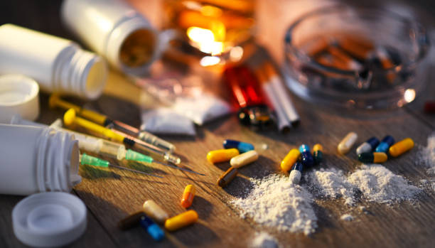 istock Addictive substances, including alcohol, cigarettes and drugs 1335697497