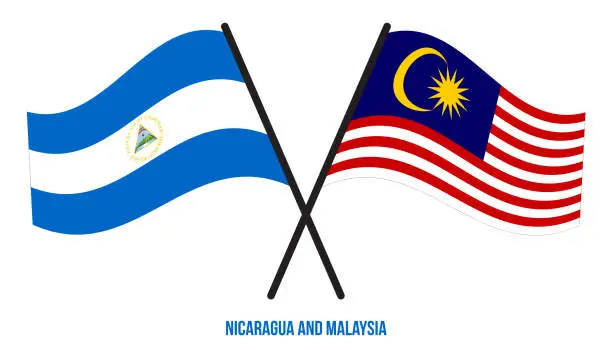 Vector illustration of Nicaragua and Malaysia Flags Crossed And Waving Flat Style. Official Proportion. Correct Colors.