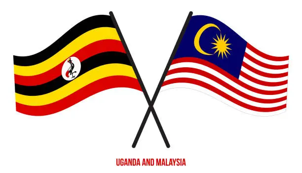 Vector illustration of Uganda and Malaysia Flags Crossed And Waving Flat Style. Official Proportion. Correct Colors.