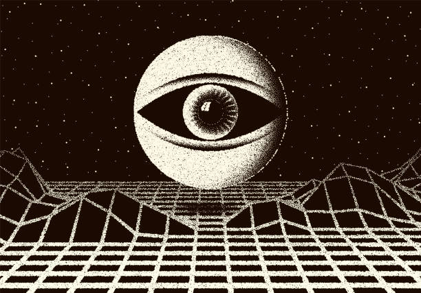 istock Retro dotwork landscape with 60s or 80s styled alien robotic space eye over the desert planet on the background with old sci-fi style 1335699492