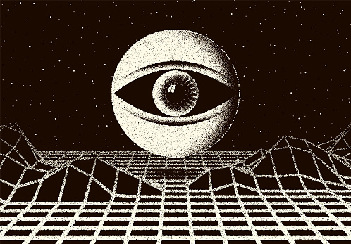 Retro dotwork landscape with 60s or 80s styled alien robotic space eye over the desert planet on the background with old sci-fi book or poster