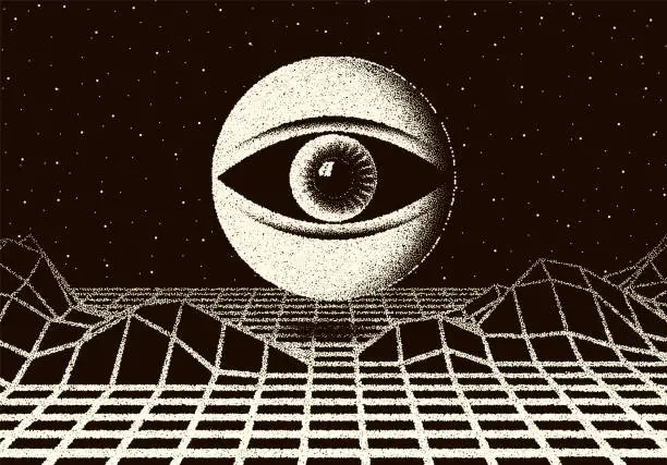 Vector illustration of Retro dotwork landscape with 60s or 80s styled alien robotic space eye over the desert planet on the background with old sci-fi style