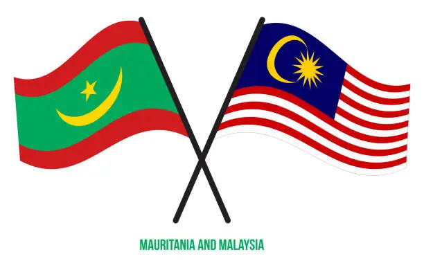 Vector illustration of Mauritania and Malaysia Flags Crossed And Waving Flat Style. Official Proportion. Correct Colors.