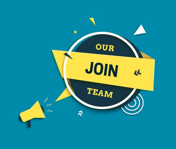 Join Our Team round banner with megaphone in paper cut stile. Yellow cardboard ribbon on dark circle with white frame and loudspeaker. You're hired vector label and geometric shapes in papercut art Join Our Team round banner with megaphone in paper cut stile. Yellow cardboard ribbon on dark circle with white frame and loudspeaker. You're hired vector label and geometric shapes in papercut art. join today button stock illustrations