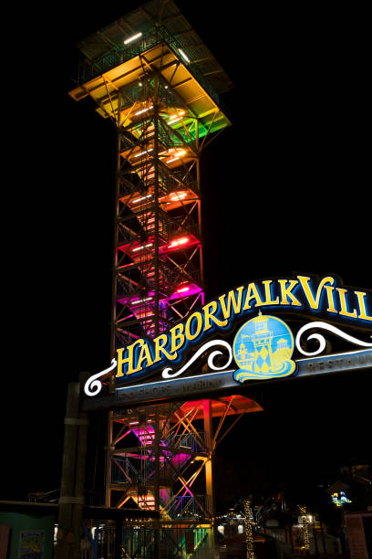 Zipline Tower at HarborWalk Village, Destin, Florida, USA Destin, Florida, USA - April 16, 2021:   Zipline Tower at HarborWalk Village. harborwalk stock pictures, royalty-free photos & images
