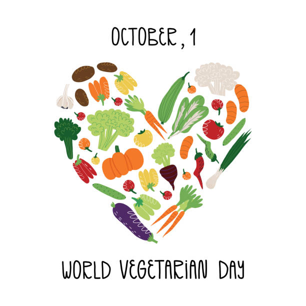1 października, karta z okazji światowego dnia wegetarian, projekt banera z ręcznym napisem. różne warzywa i warzywa w kształcie serca. wektorowa ilustracja rysunkowa na ciemnym tle. - heart shape raw potato food individuality stock illustrations