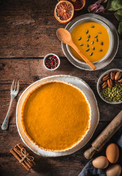 istock Autumn pumpkin meal with pumpkin pie, butternut squash soup with ingredients 1335701860