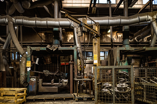 Interior in old industrial plant, dirty and dusty work environment. Production factory, metal industry and engineering.