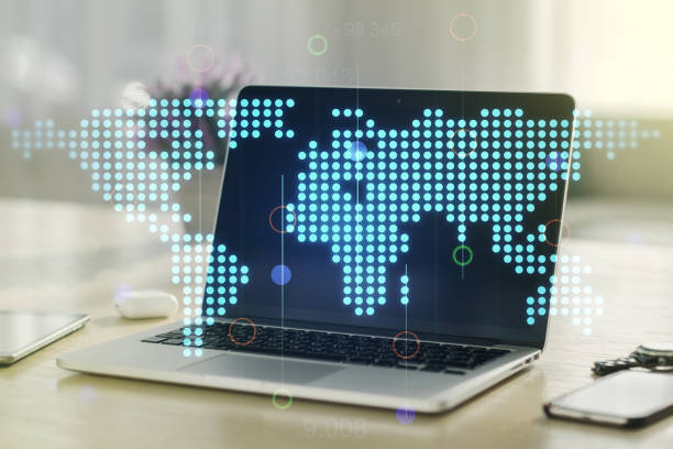istock Multi exposure of abstract graphic world map on computer background, connection and communication concept 1335707407