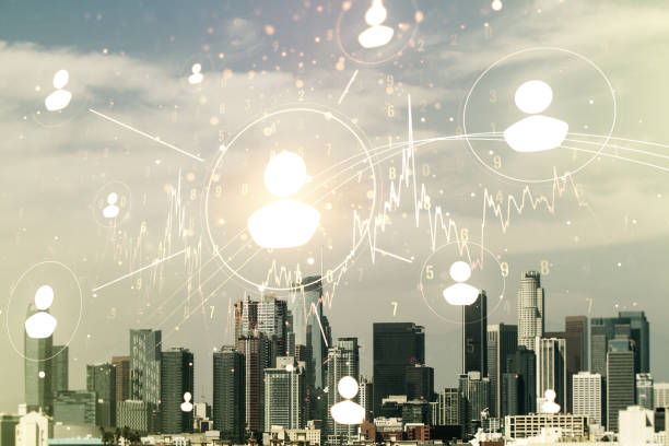 istock Abstract virtual social network concept on Los Angeles skyline background. Multiexposure 1335707422