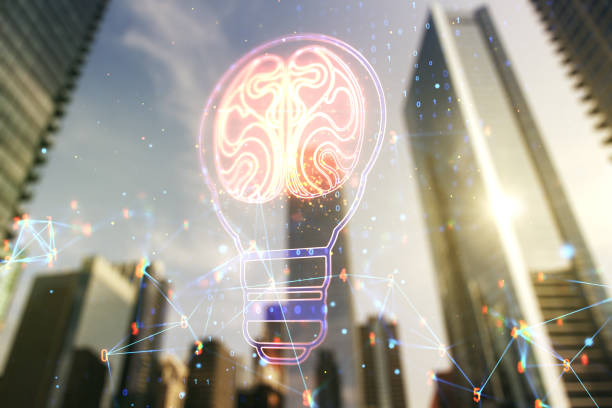 istock Double exposure of abstract virtual creative light bulb hologram with human brain on modern skyscrapers background, idea and brainstorming concept 1335707455