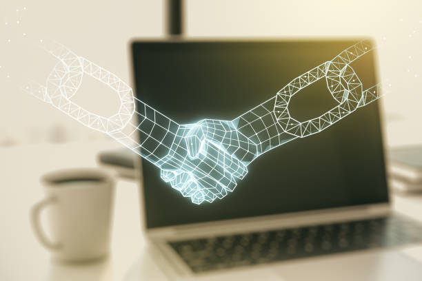 istock Creative abstract block chain technology sketch with handshake on modern laptop background, future technology and blockchain concept. Double exposure 1335707523