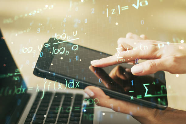 istock Creative scientific formula concept with finger clicks on a digital tablet on background. Multiexposure 1335707613