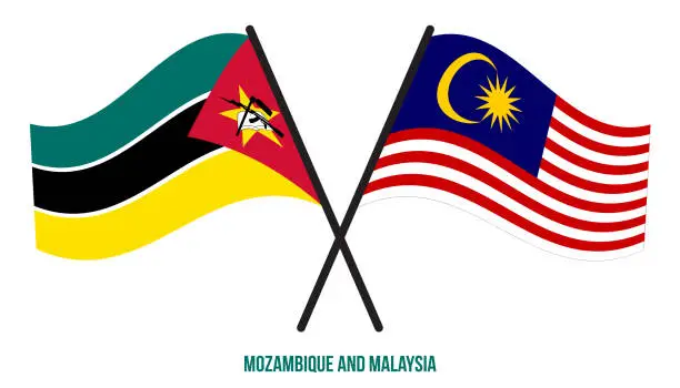 Vector illustration of Mozambique and Malaysia Flags Crossed And Waving Flat Style. Official Proportion. Correct Colors.