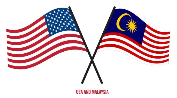 Vector illustration of USA and Malaysia Flags Crossed And Waving Flat Style. Official Proportion. Correct Colors.