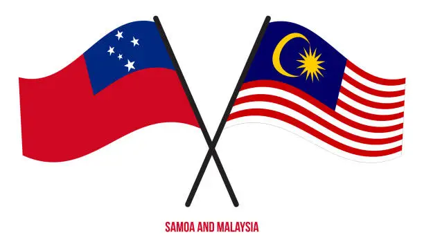 Vector illustration of Samoa and Malaysia Flags Crossed And Waving Flat Style. Official Proportion. Correct Colors.
