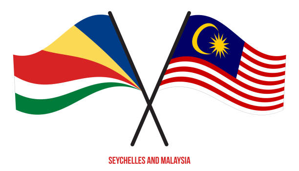 ilustrações de stock, clip art, desenhos animados e ícones de seychelles and malaysia flags crossed and waving flat style. official proportion. correct colors. - flag of seychelles