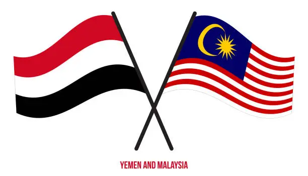 Vector illustration of Yemen and Malaysia Flags Crossed And Waving Flat Style. Official Proportion. Correct Colors.