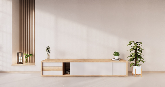 Diseño de madera de gabinete en la sala moderna japonesa.3D renderizado photo