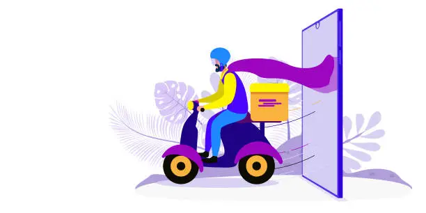 Vector illustration of Online delivery service concept, online order tracking, delivery home and office. Warehouse, truck, drone, scooter and bicycle courier, delivery man