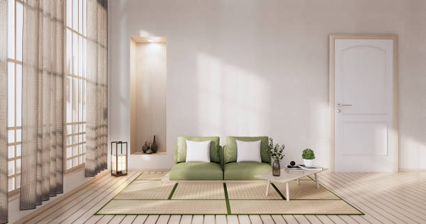 sofamöbel auf mockup holz zimmer design minimal.3d rendering - tatami matte stock-fotos und bilder