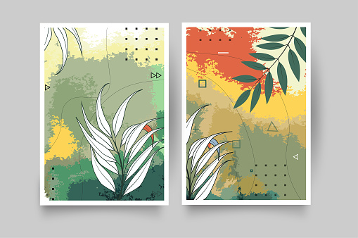 Botanical wall art vector set. Hand draw template leaves and line art background for paper, Foliage line art drawing with abstract shape. Abstract Plant Art design for print, cover, wallpaper, Minimal and natural wall art.