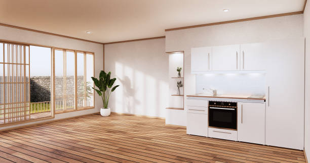 sala de cozinha estilo japonês.3d renderização - studio - fotografias e filmes do acervo
