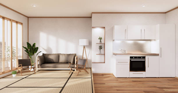 sala de cozinha estilo japonês.3d renderização - studio - fotografias e filmes do acervo