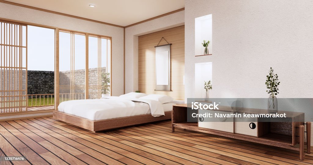 White bed room japanese design on tropical room interior and tatami mat floor. 3D rendering Bedroom Stock Photo