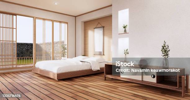 White Bed Room Japanese Design On Tropical Room Interior And Tatami Mat Floor 3d Rendering Stock Photo - Download Image Now