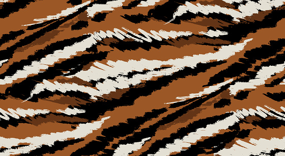 Tiger stripes nature seamless pattern. Hand drawn zoo animal print silhouettes, doodle line art, half tones brown black design