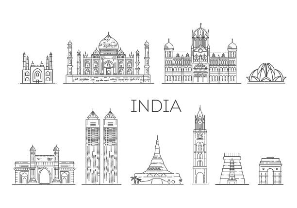 достопримечательности индии, векторная символика - delhi new delhi panoramic india stock illustrations