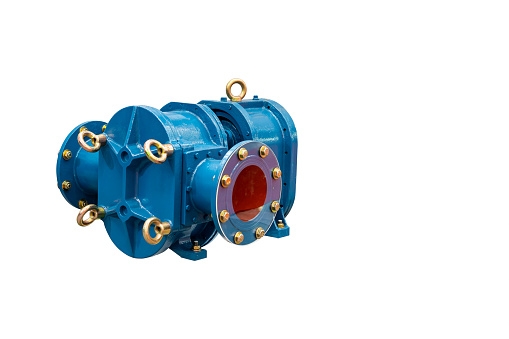 Industrial rotary or lobe gear high pressure vacuum positive displacement pump for flow rate control and can handle solid variety liquid solvent oil grease isolated with clipping path