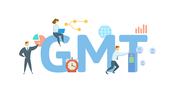GMT, Greenwich Mean Time. Concept with keyword, people and icons. Flat vector illustration. Isolated on white background.