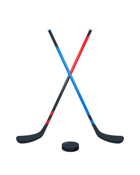 istock Hockey Sticks and black puck. Sport equipment. 1335722858