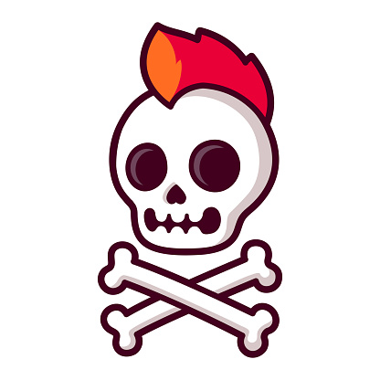 Cool cartoon punk rock skull and crossbones with bright red mohawk. Comic style Jolly Roger symbol. Vector clip art illustration.
