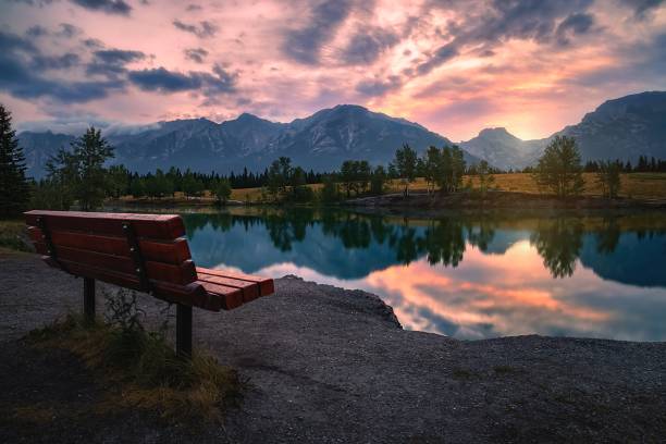 istock Bench Looking Out Over Quarry Lake At Sunrise 1335728861