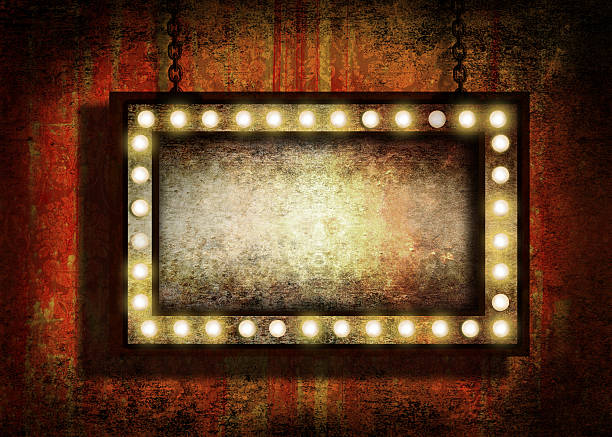 Grungy sign with lights A grungy sign with marquee lights hanging by chains. Grunge velvet wallpaper in the background. streaky lights stock pictures, royalty-free photos & images