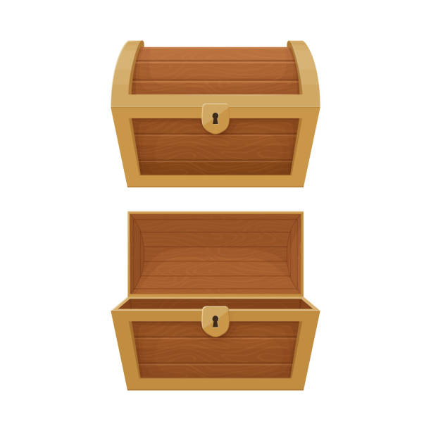 illustrations, cliparts, dessins animés et icônes de vieux coffre en bois et doré avec couvercle ouvert et fermé.  trésor pirate. tronc vintage. illustration de style dessin animé. vecteur. - chest