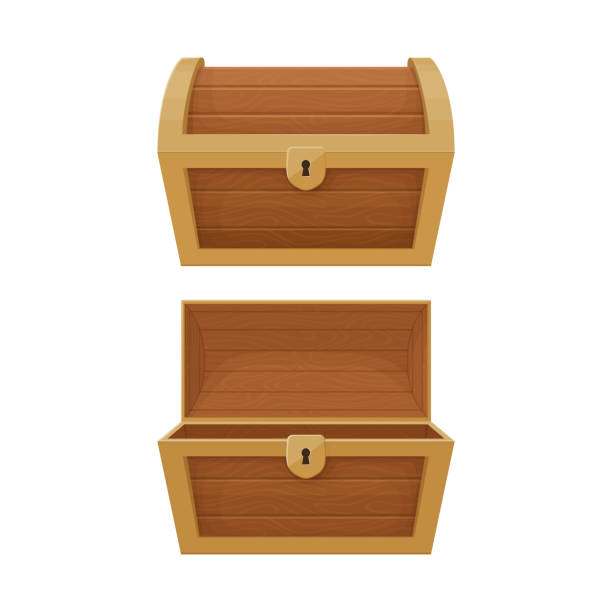 Old wooden and golden chest with opened and closed lid.  Pirate treasure. Vintage trunk.Cartoon style illustration. Vector. Old wooden and golden chest with opened and closed lid.  Pirate treasure. Vintage trunk.Cartoon style illustration. Vector. antiquities stock illustrations
