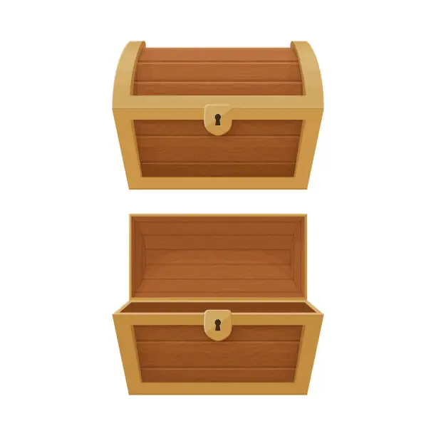 Vector illustration of Old wooden and golden chest with opened and closed lid.  Pirate treasure. Vintage trunk.Cartoon style illustration. Vector.
