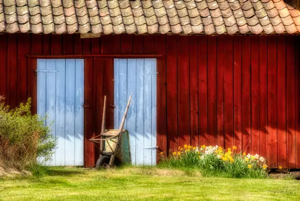 Detail of a small barn and an old wheelbarrow on Southern Koster island, Sweden
