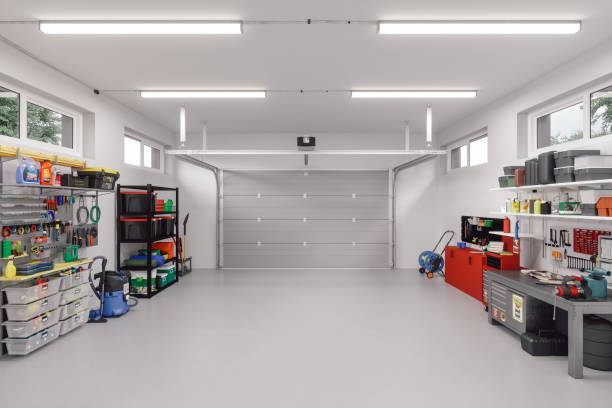 intérieur de garage moderne - salle de stockage photos et images de collection