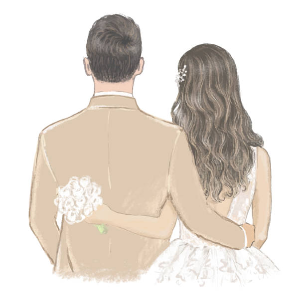 ilustrações de stock, clip art, desenhos animados e ícones de bride and groom on wedding day hand drawn illustration - illustration and painting watercolor painting people couple