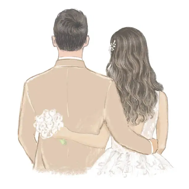 Vector illustration of Bride and Groom on Wedding day hand drawn Illustration